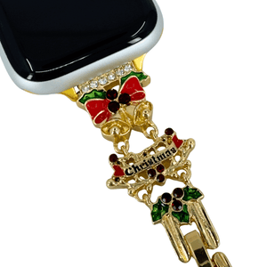 Decorative Christmas-themed smartwatch band with gold chain and holly design on a white background