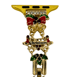 Gold Christmas-themed watch band with red and green decorations on a white background