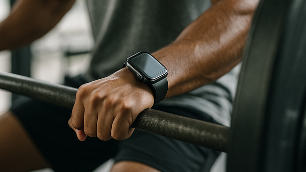 Person exercising with a barbell in a gym, wearing a smartwatch.