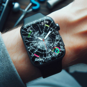 Apple Watch with a shattered screen on a wrist, surrounded by tools.