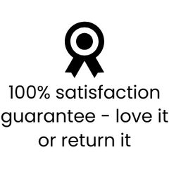 Logo with a black ribbon and text '100% satisfaction guarantee - love it or return it' on a white background
