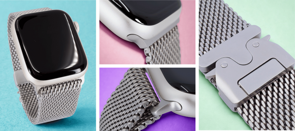 Collage of a Apple Watch Milanese Loop band on colorful backgrounds