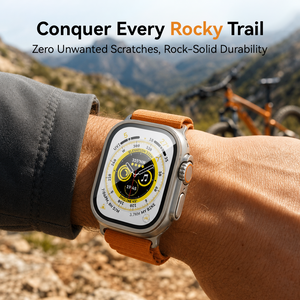 Apple Watch Ultra with the titanium bezel ceramic glass protector worn on a mountain bike trail